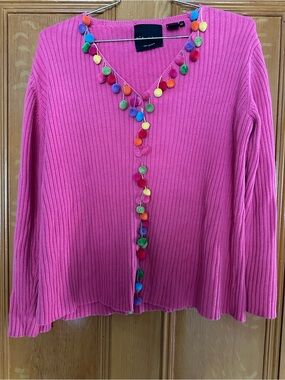 2001 Michael Simon Hot Pink Ribbed Cardigan Multicolor Pom Pom Accents X-Large